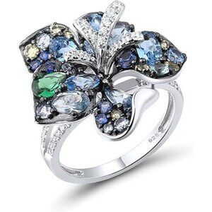 [B]Lily-Blue Sterling Silver Gemstone Flower Ring for Women